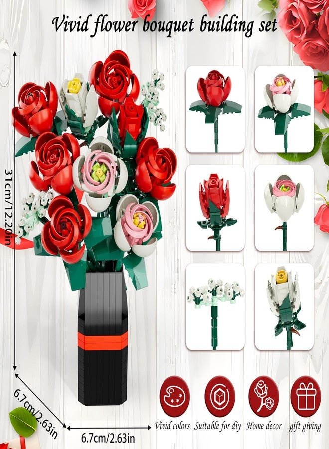 EXCOUP Flower Bouquet Building Set, Artificial Roses Toy Building Set with Vase, Building Blocks Flower Brick Toys, for Home Office Decoratin, Christmas, Mother's Day, or Valentine's Gifts, 841 PCS - Image 4